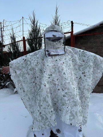 Антитепловизионный зимний тактический плащ в камуфляже клякса со съемной кикиморой Kreminna Кікімора біла фото
